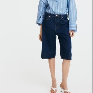 H&M High Waist Knee-Length Dark Blue Denim Shorts